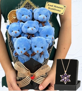 Kişiye Özel Büyük Boy 7'li Tasarım Peluş Ayıcık Buketi ve Gerçek Ametist Taşlı Lotus Kolye (Model 5)