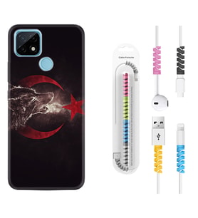 Realme C11 C21 C21Y C25Y C11 2021 Kılıf Kablo Koruma Spiral Silikon Kurt ve Ay Yıldız 1403
