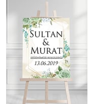 Söz Nişan Düğün İçin 50x70 Karşılama Panosu - Yeşil Renkleri Çiçek Temalı
