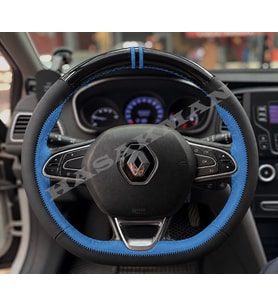 Renault Scenic 4 Dikme Direksiyon Kılıfı Parlak Siyah Mavi Detaylı Mavi Çift Yüzük ve Dikiş 2016-2022