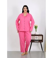 Kadın Büyük Beden Pamuklu Cepli Düğmeli Pembe Pijama Takım