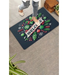 Valerine Life Noel Yılbaşı Topları ve Yeşil Yapraklar Welcome Kapı Önü Paspası 45x70cm (Yeşil-Grı)