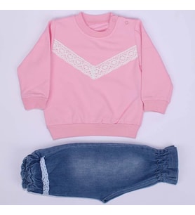 Kız Bebek Pembe Dantelli Kot Pantolonlu 2'li Takım