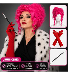 Mey İthalat® Neon Bukleli Pembe Peruk Uzun Kumaş Kırmızı Eldiven ve Sigara Tutucu Seti (3 Parça)