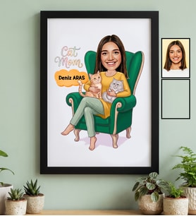 Kişiye Özel Karikatürlü Cat Mom Kedi Annesi Siyah Çerçeve Anneler Günü Hediyesi