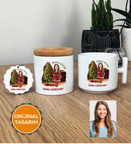 Kişiye Özel Karikatürlü Yılbaşı Hediyesi Hediye Seti T Kupa, Kalemlik, Anahtarlık Noel Anneye Hediye (Beyaz)