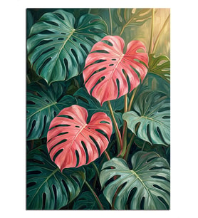 Pembe Monstera Yapraklı Yeşil Desen Dekoratif Kanvas - Mdf Ahşap Tablo