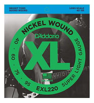 D'Addario EXL220 XL Nickel Wound Bas Gitar Tel Seti - 40-95 Super Light (Profesyonel)  Long Scale (Uzun Ölçek), İnce Ölçü ile Yumuşak Çalım, Esnek Yapı ve Zengin Frekans Aralığı