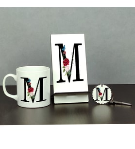 M Harfi Üçlü Set (Kupa + Telefon Standı + Anahtarlık)