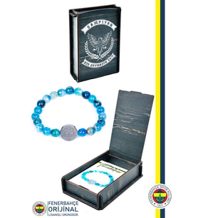 Fenerbahçe Orijinal Lisanslı FB Mavi Akik Fasetli Doğaltaş Bileklik Hediyelik Ahşap Kutul