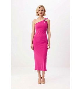 Kadın Asimetrik Yaka Tek Omuz Bodycon Midi Elbise Aksesuar Detaylı Esnek Örme Kumaş Günlük Rahat