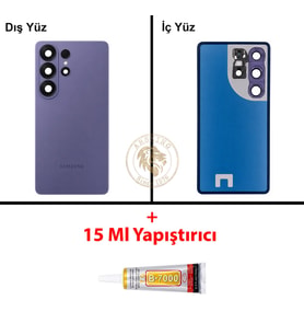 Samsung Galaxy S26 Ultra Mor Renk Lensli Arka Kapak + B7000 Yapıştırıcı Arka Cam Batarya Kapağı Pil Kapağı Lazer Kesim Back Cover Galaxy S26 Ultra Uyumlu
