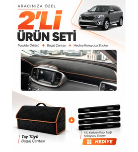 KİA SORENTO (2015-2018) Uyumlu Torpido Örtüsü + Tay Tüyü Bagaj Çantası + Sticker Seti - Siyah Kahverengi