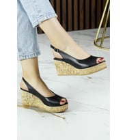 Erkan Saçmacı  Heather Siyah Hakiki Dana Derisi Mantar Taban Görünümlü Dolgu Topuklu Slingback Sandalet