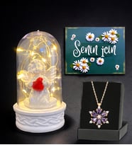 Led Işıklı Tasarım Fanus ve Gerçek Ametist Taşlı Lotus Kolye (Model 1)
