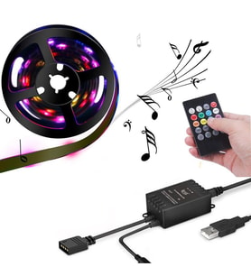 UpWay 5V USB 100cm RGB Şerit LED 3 Çipli SMD5050-30LED Ses Sensörlü Kumandalı