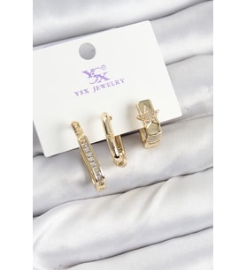 Pirinç Zİrkon Taşlı Yıldız Model Gold Renk 3'lü Kadın Küpe (Altın)