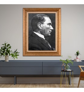 Altın Varaklı Çerçeveli Paspartulu Atatürk Tablo z4526 (Gold)