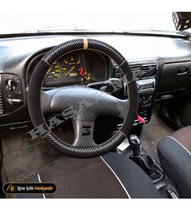 Seat Cordoba Mk1 Dikme Direksiyon Kılıfı Alcantara Süet Mat Karbon Bej Yüzük ve Dikiş Stella-Signo-Tuşsuz 1999-2002