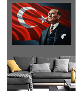 Türk Bayrağı Önünde Atatürk Portresi Dekoratif Kanvas - Mdf Ahşap Tablo