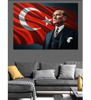 Türk Bayrağı Önünde Atatürk Portresi Dekoratif Kanvas - Mdf Ahşap Tablo