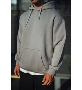 Üç İplik Penye Kapşonlu Basic SweatShirt - Boyalı Gri