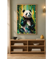 Bambu Tutan Panda Canlı Yeşiller Ahşap Çerçeveli Duvar Tablosu