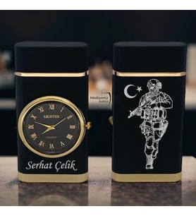 Kişiye Özel Asker Logolu Turbo Jet Işıklı Saatli Çakmak