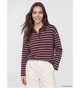 LCW Modest Ekru Polo Yaka Çizgili Kadın Sweatshirt Tunik