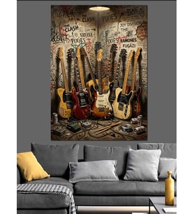 Müzik Odasında Dizili Elektro Gitarlar Dekoratif Kanvas - Mdf Ahşap Tablo