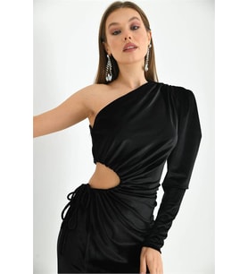 Neşeli butik siyah kadın vatkalı tek kol uzun abiye elbise NBS9299