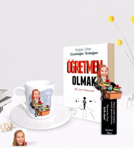 BK Gift Kişiye Özel Kadın Öğretmen Karikatürlü Türk Kahvesi Fincanı Ahşap Kitap Ayracı ve Öğretmen Olmak Kitabı Hediye Seti-4