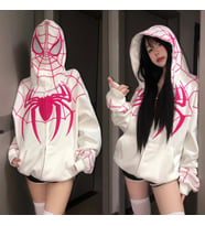Y2k Streetwear Spider Web Oversize Fermuarlı Beyaz Unisex Kapüşonlu Hırka