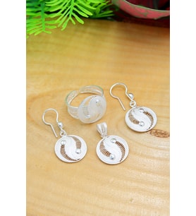Ying Yang Model Kadın 925 Ayar Gümüş Telkari Üçlü Set 201022198