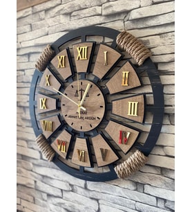 Kişiye Özel Halatlı Dekoratif Ahşap Duvar Saati 40 cm