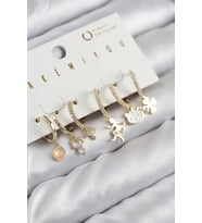 Pirinç Zirkon Taşlı Hello Kity Ve Yonca Model Gold Renk 6'lı Küpe Set - TJ-BKP11206
