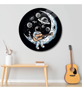 Yuvarlak Temperli Gerçek Cam Tablo Gitar Çalan Astronot