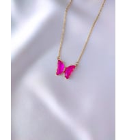 Kadın Gold Paslanmaz Çelik Zincir Mavi Kristal Cam Kelebek Kolye (Pembe)
