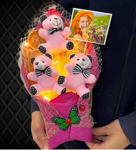 Led Işıklı Fotoğraflı Pembe Ayıcıklı Büyük Boy Peluş Ayıcık Buketi (Model 4)