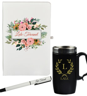 Kişiye Özel Çiçek Tasarımlı Hediye Defter Kalem Ve Siyah Termos Mug Seti