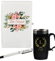 Kişiye Özel Çiçek Tasarımlı Hediye Defter Kalem Ve Siyah Termos Mug Seti