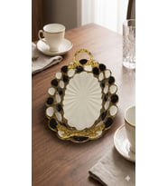 Sembol Porselen Lüks Oval Sunum Tepsisi 30x19 cm - Siyah Beyaz Gold