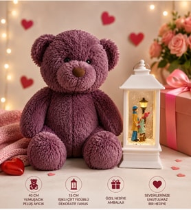 Peluş Ayıcık ve Işıklı Çift Figürlü Fanus Kadına & Erkeğe Romantik Hediye