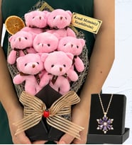 Kişiye Özel Büyük Boy 7'li Peluş Ayıcık Buketi ve Gerçek Ametist Taşlı Lotus Kolye (Model 1)