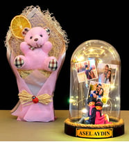 Kişiye Özel İsimli 3 Fotoğraflı Led Işıklı Fanus ve Pembe Peluş Ayıcık Buketi (Model 8)