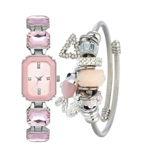 Forentina Pembe Taşlı Bayan Kol Saati-Pembe Balıklı Charm Bileklik Set PS4200