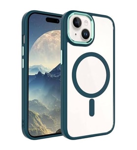 Coverzone iPhone 15 Plus ile uyumlu K?l?f Wireless ?arj �zellikli Metal buton Z-Krom MagSafe ile uyumlu ?effaf Transparan Double Color Silikon Kapak Koyu Ye?il