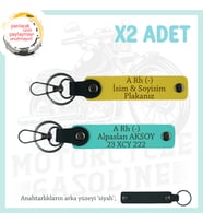 Motor Severlere İsim Plaka ve A Rh (-) Kan Grubu Yazılı Özel Tasarım x2 Anahtarlık, Sarı-Turkuaz-Syh