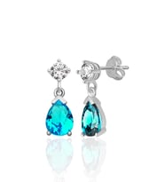 925 AYAR GÜMÜŞ 4 MM BEYAZ ZİRKON 6*8 DAMLA AQUA TAŞLI SAPLAMALI KÜPE