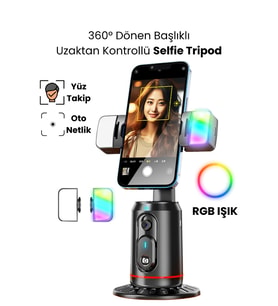Otomatik Yüz İzleme Tripodu, 360° Dönen Telefon Standı, Selfie Işıklı ve Uzaktan Kumandalı